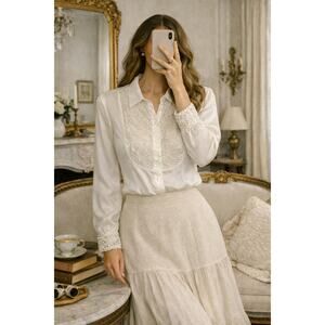 Vintage White Silk Blouse Beaded Bib Cuffs Romantic Ethereal Victorian M